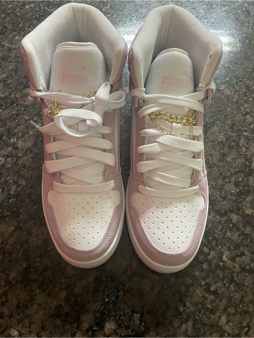 Puma White & Light Pink High-Top Sneakers with Gold Chain